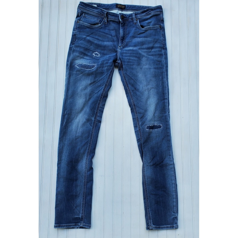 Jack & Jones Ben Skinny Fit Distressed Indigo Knit Denim Jeans Mens 33x34